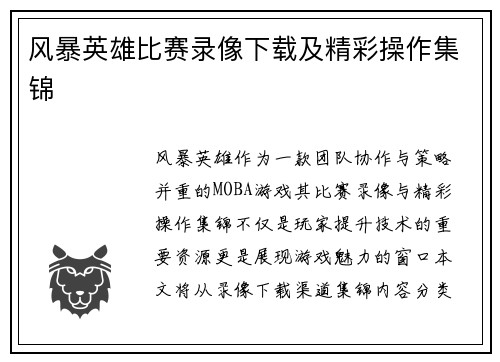 风暴英雄比赛录像下载及精彩操作集锦