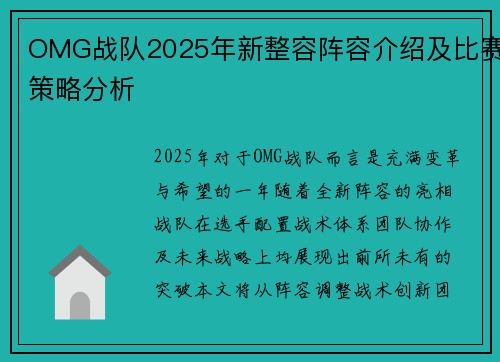OMG战队2025年新整容阵容介绍及比赛策略分析